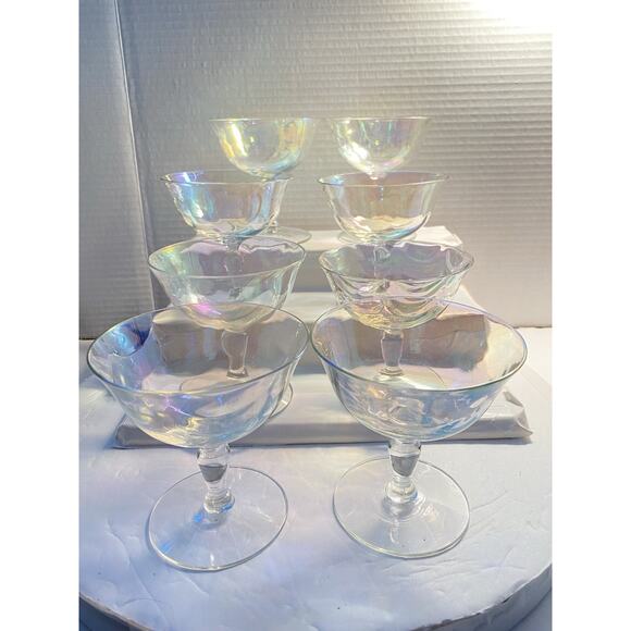 8 Fostoria Crystal Pearl Shell Iridescent Champagne Sherbert Glasses Loop Optics - Picture 8 of 16